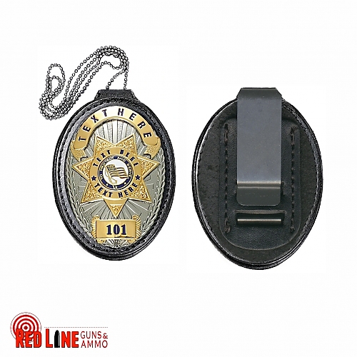 Oval Leather Badge Holder with Chain and Clip